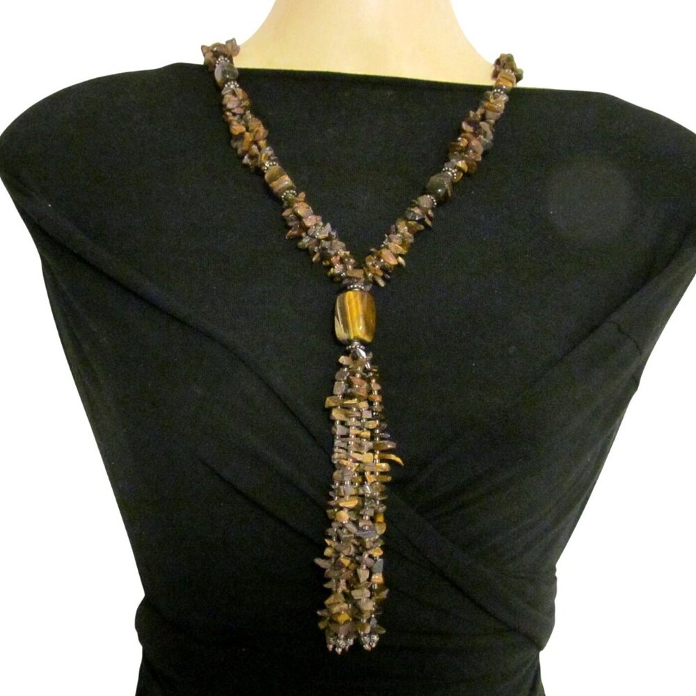 Vintage Multi Strand Tigers Eye Gemstone Tassel Necklace Adjustable